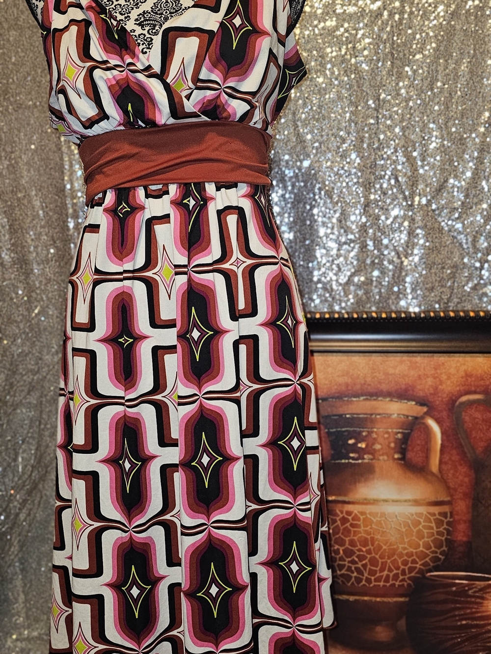 Retro Geometric Pink & Brown Knee Length Dress
